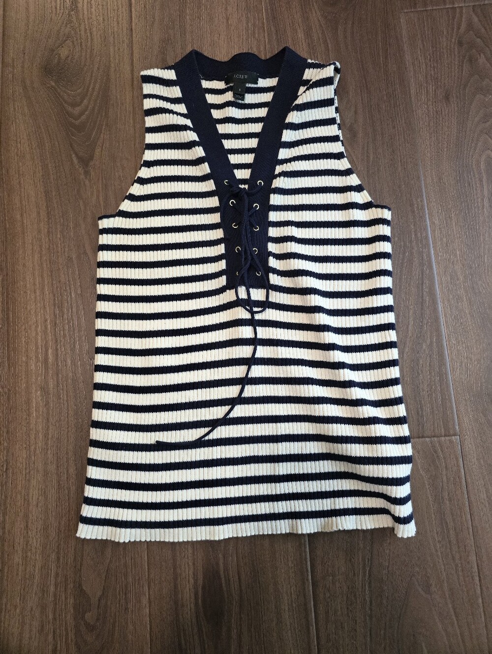 J. Crew Navy and White Striped Lace-Up Ribbed Tank